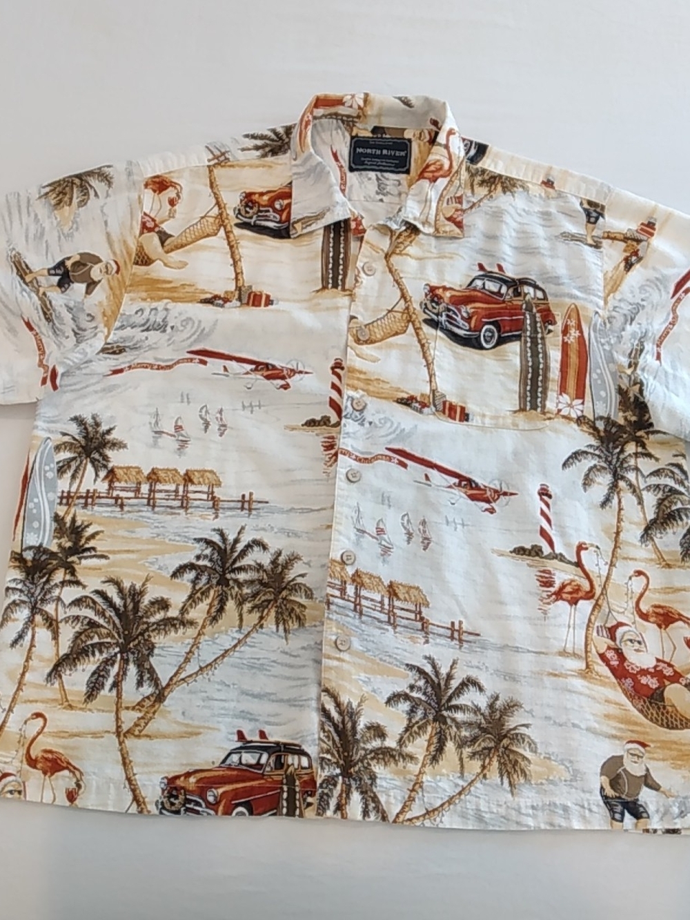 Men’s Tropical Print Hawaiian Camp Shirt - Santa On The Beach, Cars, Flamingos